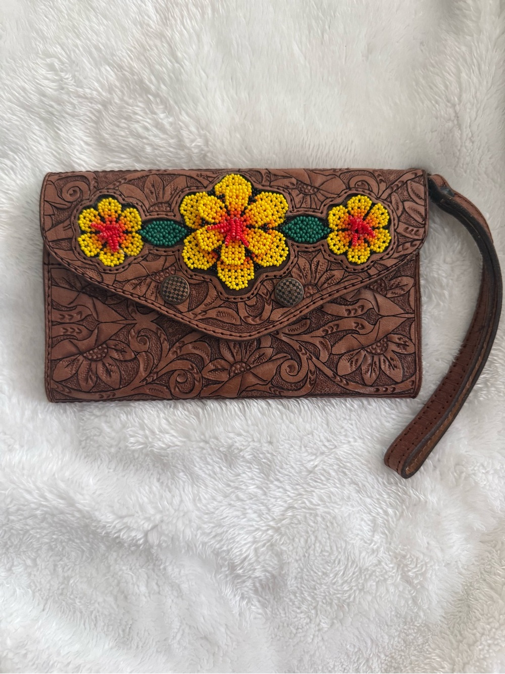 Brown Floral Tooled Wristlet Clutch with Yellow Beaded Flowers